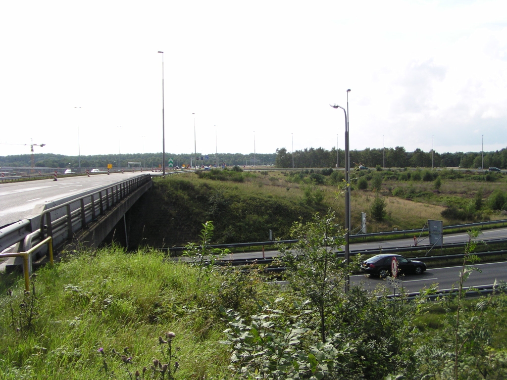 p8100039.jpg - Oorspronkelijk was het hier een enkelstrooks afslag vanaf de A58 naar de A2 Eindhoven-westtangent, die met opgave van de vluchtstrook op het viaduct, later is verbreed naar 2 rijstroken. In 1974, toen het knooppunt Batadorp werd aangelegd, werd prioriteit gegeven aan de historische rijksweg 63 verbinding tussen Eindhoven en Tilburg, die dan ook de flauwe bogen heeft gekregen. Het viaduct (kunstwerk A in aannemers-termen) zal worden gesloopt.