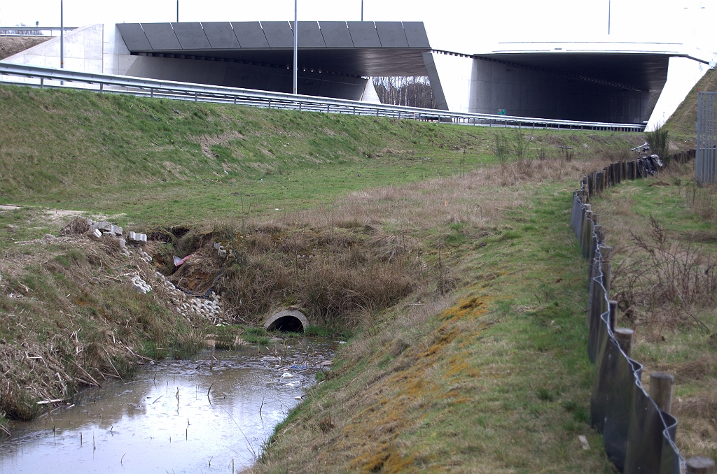 20100327-142529.bmp - Er ligt dus kennelijk ook een amfibietunnel onder de A2, maar aan de westzijde kunnen we hem niet terugvinden. Misschien dat-ie aangesloten is op deze rioolbuis die de bermslootonderbreking overbrugd, maar het wordt dan wel een erg ingewikkelde route voor de beestjes. Bovendien ligt de bermsloot aan de "verkeerde" kant van de alhier geplaatste schermen.