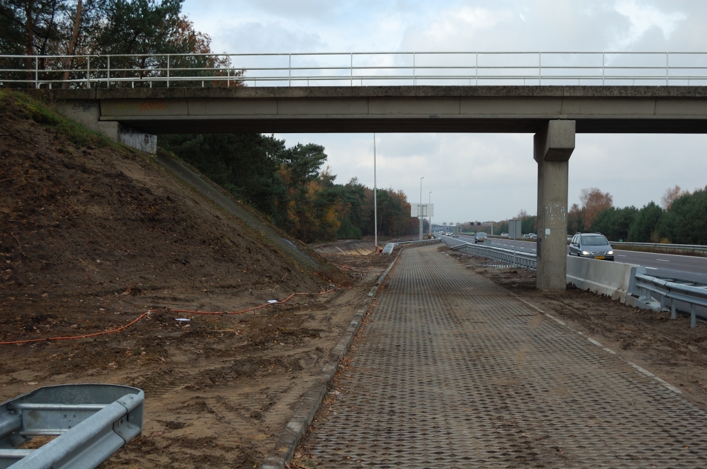 20101106-151314.bmp - Geen doorlopende geleiderail aan de buitenbermzijde of barrier tussen bypass en talud onder het viaduct, zoals we abusievelijk verwachtten. In tegenstelling tot het viaduct Aalsterhut is de barrier hier wel doorlopend langs de pijler en staat er zelfs op geruime afstand van. Beide viaducten zijn van het bouwjaar 1969, zodat het onwaarschijnlijk lijkt dat ze verschillende overspanningslengtes tussen de pijlers hebben. Misschien zijn er andere eisen aan de redresseerruimte in de nabijheid van knooppunten.  week 201042 