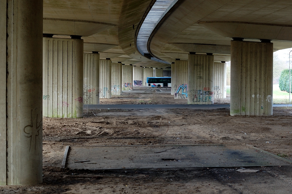 20110220-150423.JPG - Een wat verrommeld landschap onder het landviaduct, dat in eerste instantie dient voor het overspannen van de Utrechtseweg (N782). Het 284 meter lange viaduct, 8 meter hoog en voorzien van 36 pijlers, biedt daarnaast plaats aan een tweetal lokale weggetjes, twee beekjes en een skateramp. In het boek  De Diabolische Snelweg . ook beschikbaar op Google Books, kan men meer informatie vinden over de achtergronden van dit bijzondere kunstwerk, en de totstandkoming van de A50 Nederrijn-Grijsoord in het algemeen.