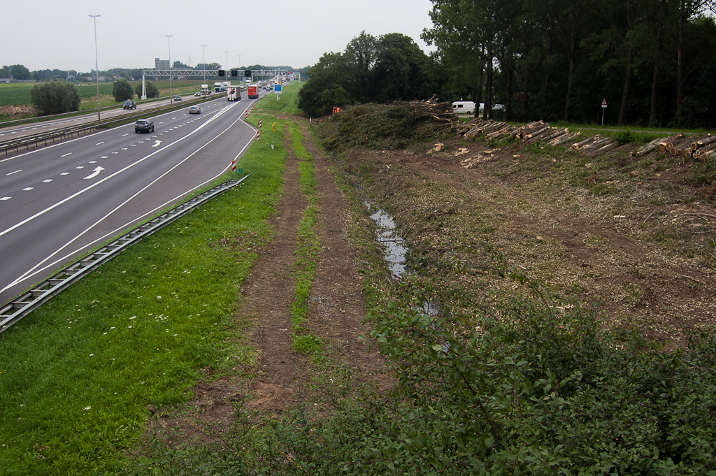 20110803-123533.jpg - Maar aan de andere (noord-) zijde van het viaduct Koningstraat is een bosperceel gekapt, zodat ingrijperende maatregelen in het verschiet lijken te liggen. De tracekaart vermeld enkel "aan te passen kunstwerk", en de toe te voegen verhardingsbreedte op de A50 HRR komt niet buiten de huidige pechhaven.