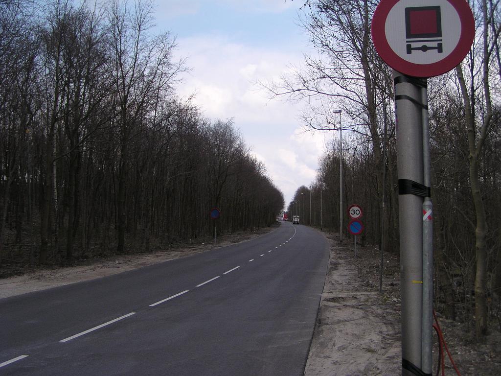 p4070037.jpg - Een 30 km/u snelheidsbeperking lijkt ongeloofwaardig gezien het wegbeeld. Aan de andere kant was het misschien wat overdreven hier gescheiden fietspaden aan te leggen voor een tijdelijke weg.